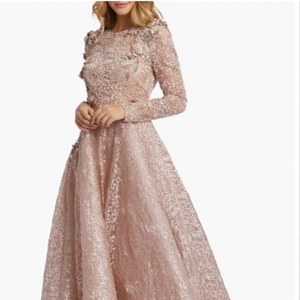Mac Duggal Floral Embroidered and Beaded Long Sleeve Mauve Gown in Mocha
